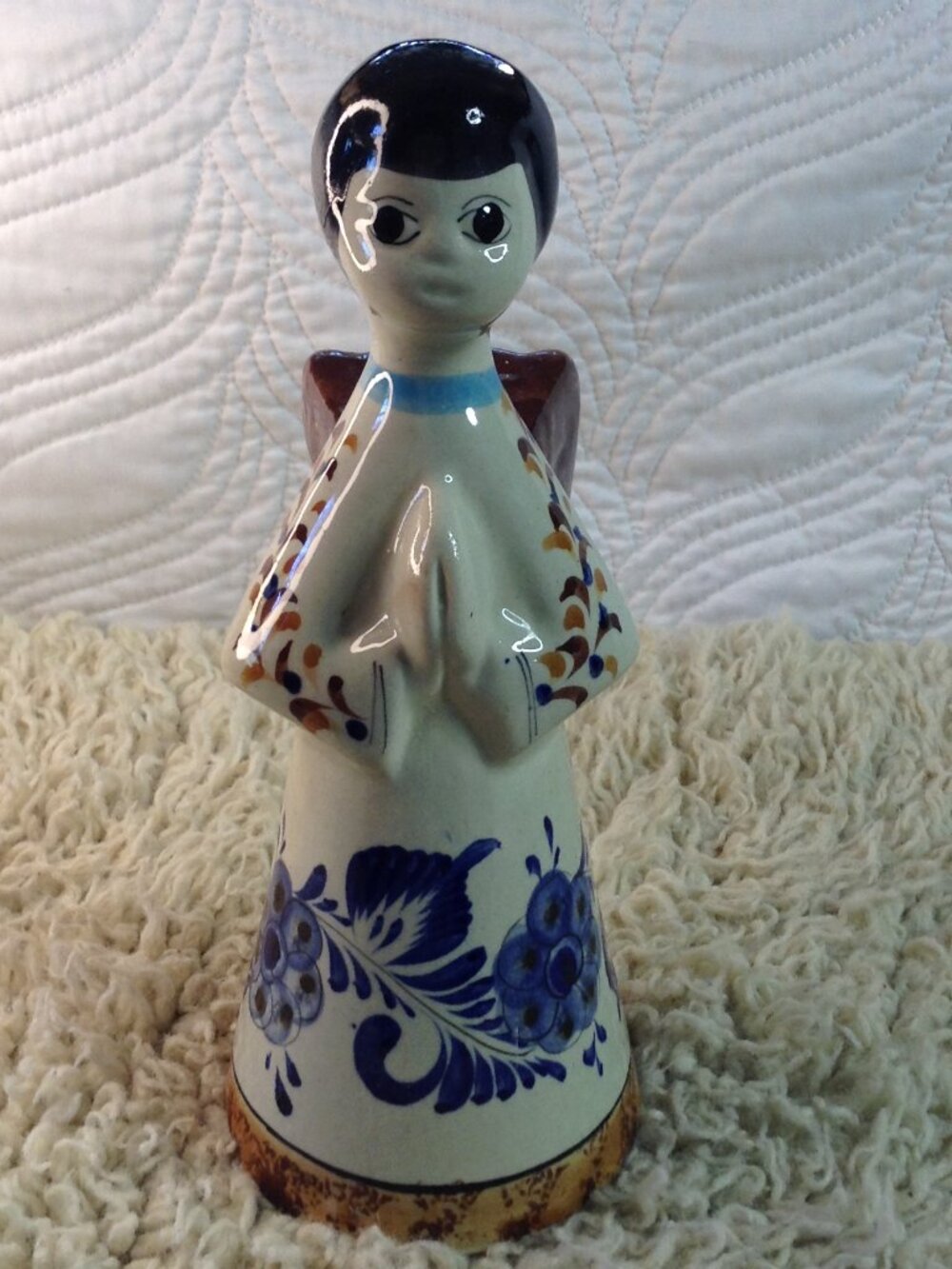 VTG 70/80's Tonala Mexican Pottery Praying Angel Candlestick Holder Hand painted